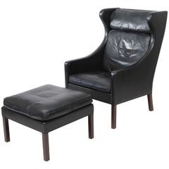 Vintage Borge Mogensen Leather Wingback Chair and Stool