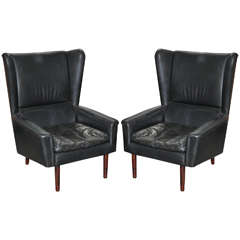 Black Leather Wingback Armchairs from Denmark, Pair