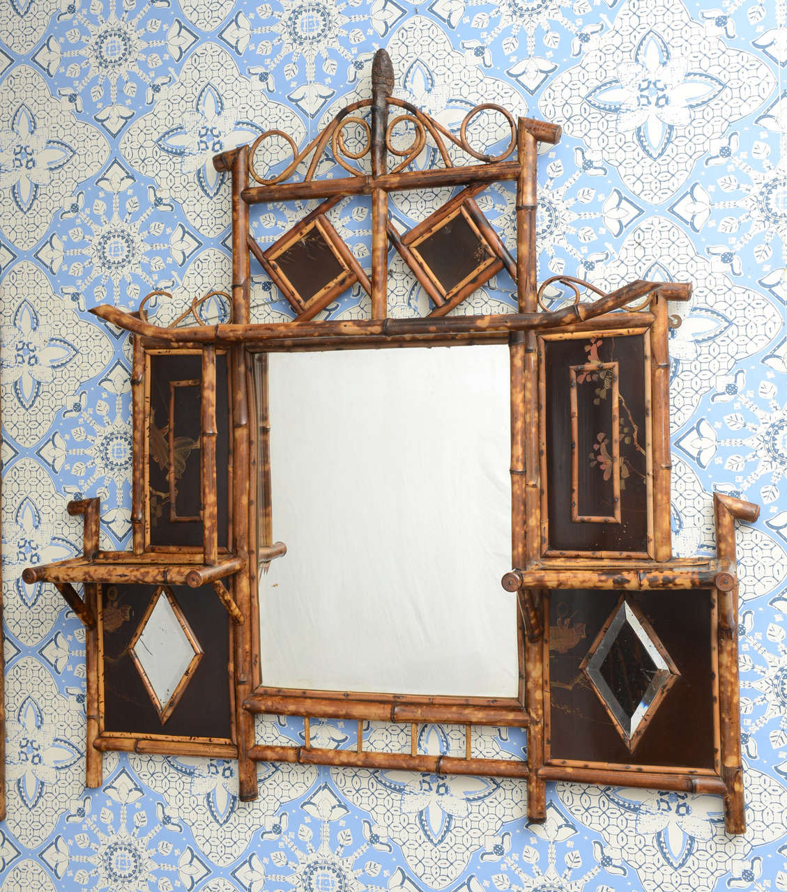 Beautiful English bamboo mirror and shelves with Japanning (all original).