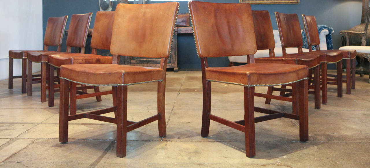 Set of Eight Stig Thoresen-Lassen Cognac Leather Dining Chairs, Denmark, 1930