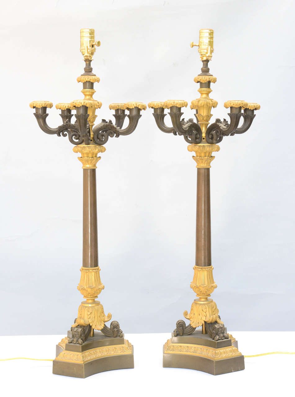 Pair of 19th Century French Bronze Candelabra Lamps For Sale 1