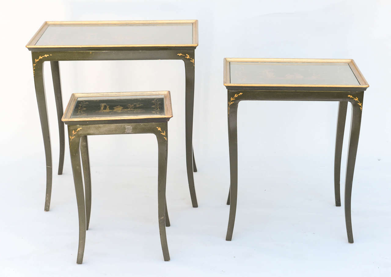 Italian Chinoiserie Nesting Tables of Green Japanning