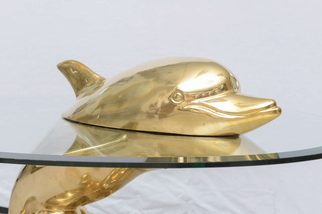 Italian Vintage Polished Brass Dolphin Coffee Table