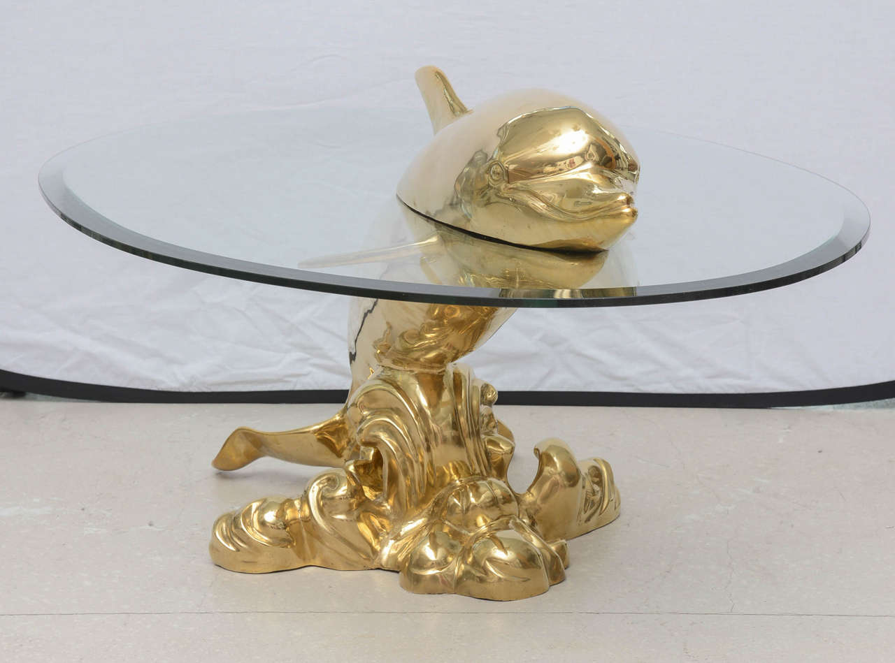Vintage Polished Brass Dolphin Coffee Table In Excellent Condition In West Palm Beach, FL
