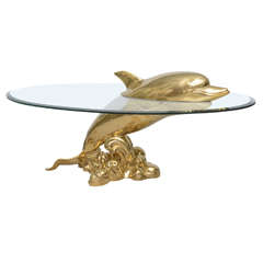 Vintage Polished Brass Dolphin Coffee Table