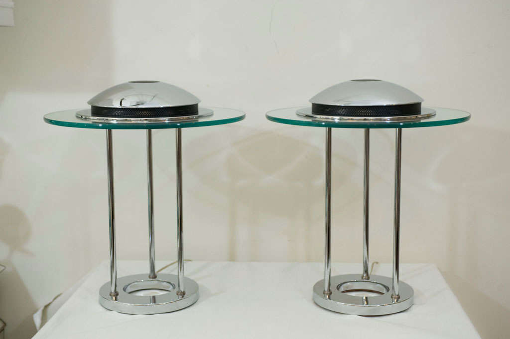 A chrome and glass pair of Robert Sonneman lamps made exclusively<br />
for George Kovacs. If you watch the 1987 movie Wall Street look<br />
on Gordon Gekko's desk and you will see the same lamp.