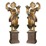 Pair of Early 19th C. Italian Wood Carved Candlesticks/Lamps