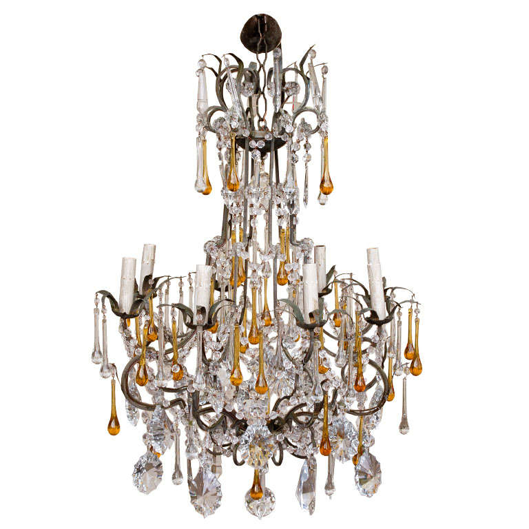 Italian Crystal Vintage Chandelier with Yellow Drops For Sale
