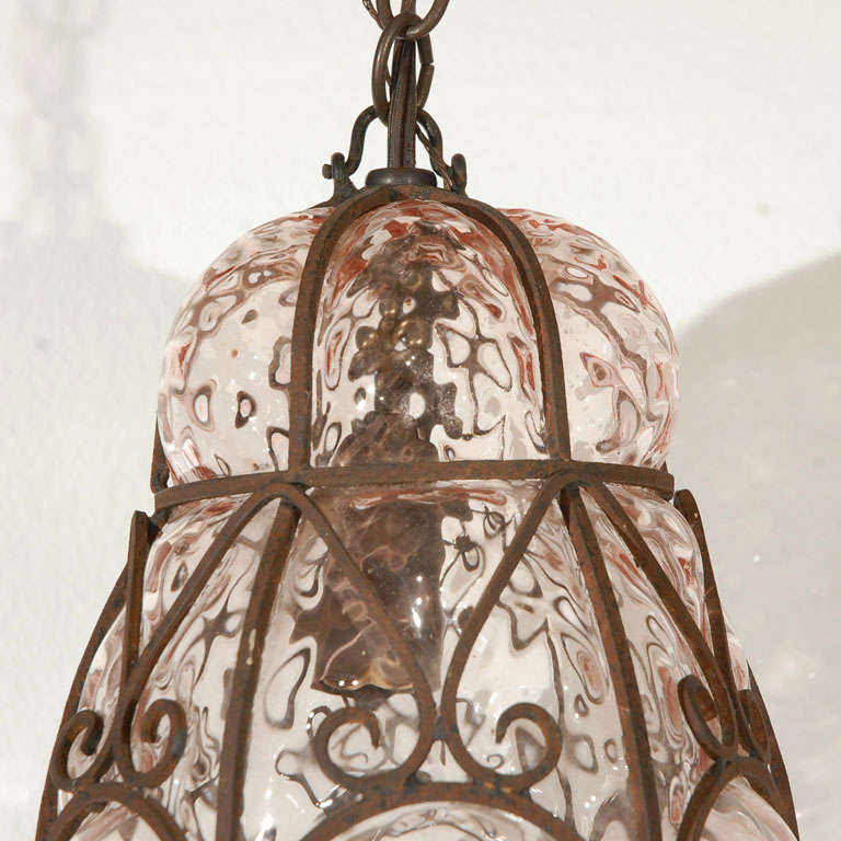 Pair of Italian Wrought Iron and Blown Glass Hanging Lights In Excellent Condition For Sale In Los Angeles, CA