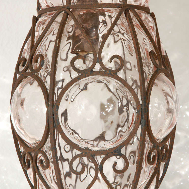 20th Century Pair of Italian Wrought Iron and Blown Glass Hanging Lights For Sale