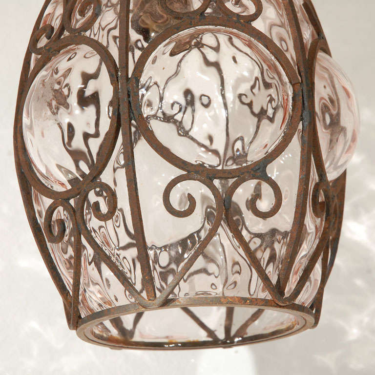 Pair of Italian Wrought Iron and Blown Glass Hanging Lights For Sale 2