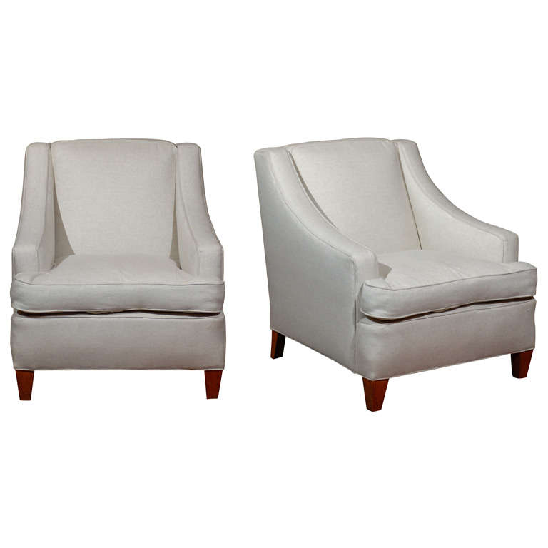 Pair of French Square Back Club Chairs Upholstered in Linen, 19th Century