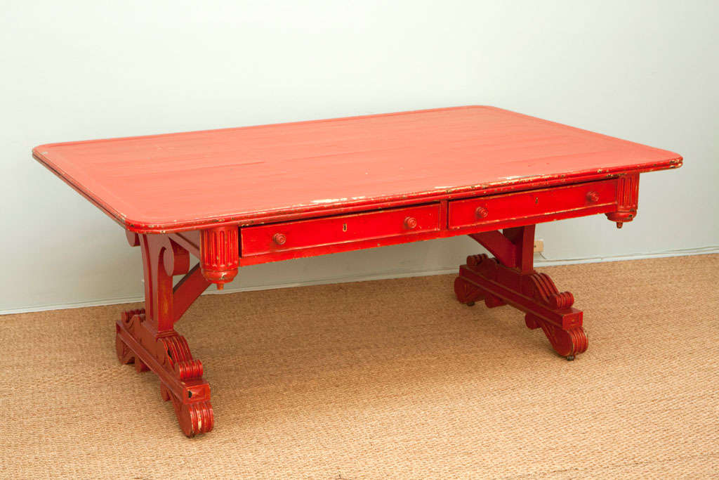 George IV- Style Vintage Partner Desk.  Painted Red in the 1960's.