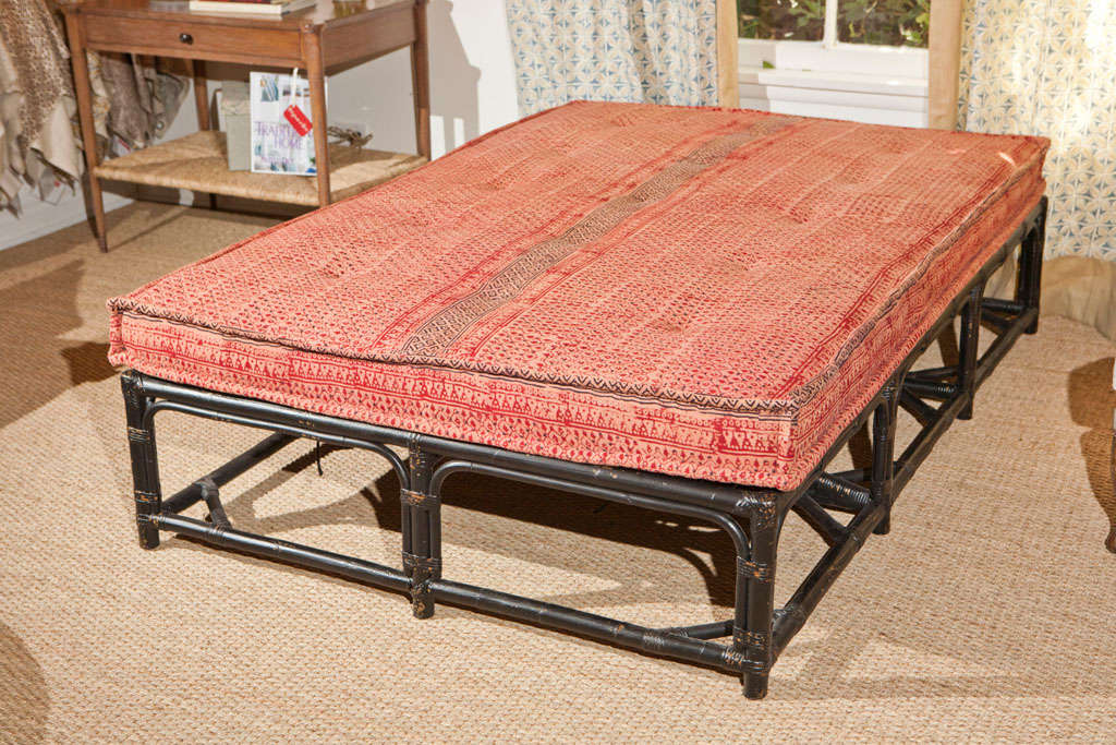 Rattan Ottoman with Vintage Upholstered Cushion