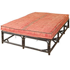Rattan Ottoman with Vintage Upholstered Cushion