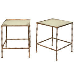 Set of Two Silvered Bamboo Metal End Tables