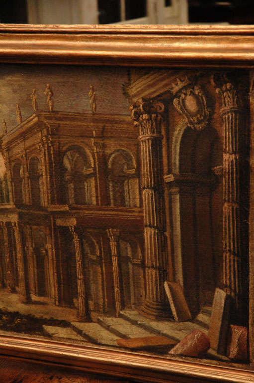 Huile sur toile du XVIIIe siècle, tableau italien de Capriccio représentant des ruines architecturales Bon état - En vente à Los Angeles, CA