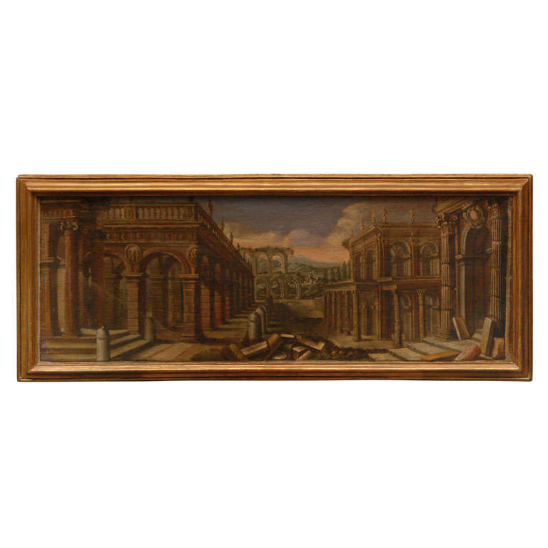 Italian capriccio painting of architectural ruins, ca. 1740