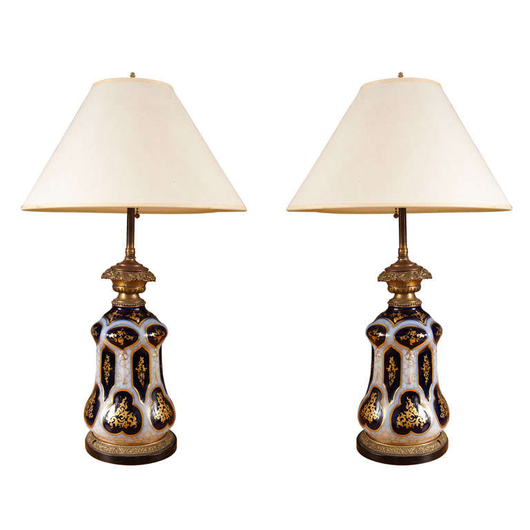 Pair of French Cobalt and Gold Glass Oil Lamps, Mounted as Lamps