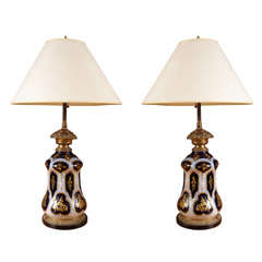 Pair of French Cobalt and Gold Glass Oil Lamps, Mounted as Lamps