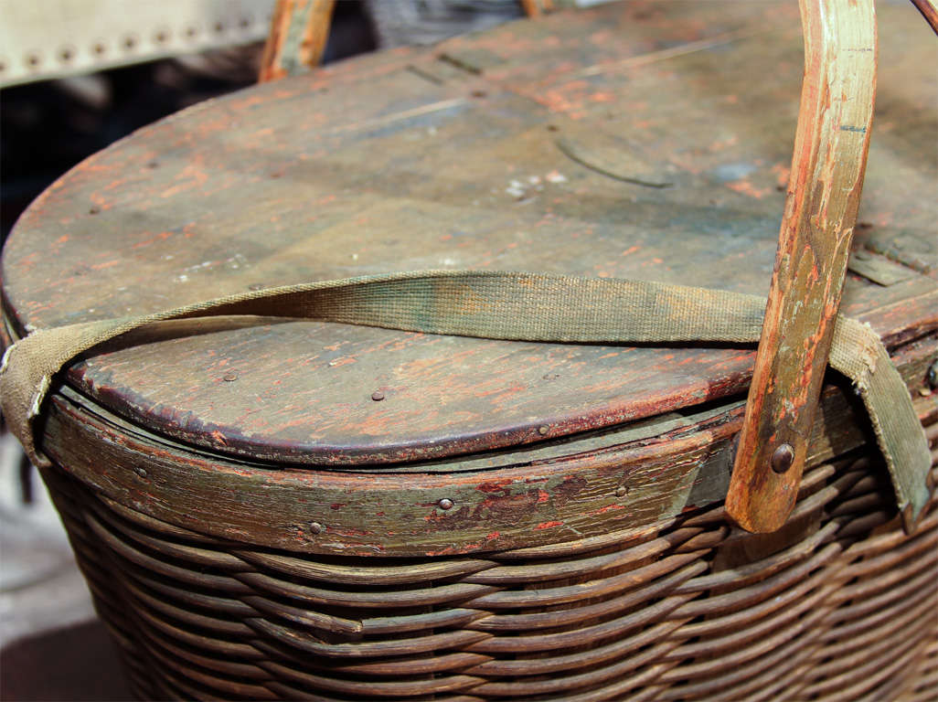 metal lined flip top picnic basket  with beautiful patina