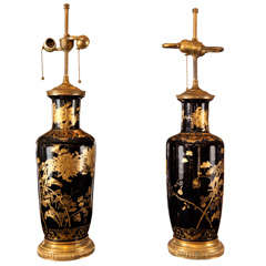 Pair Of Chinese "Mirror Black" Porcelain Lamps