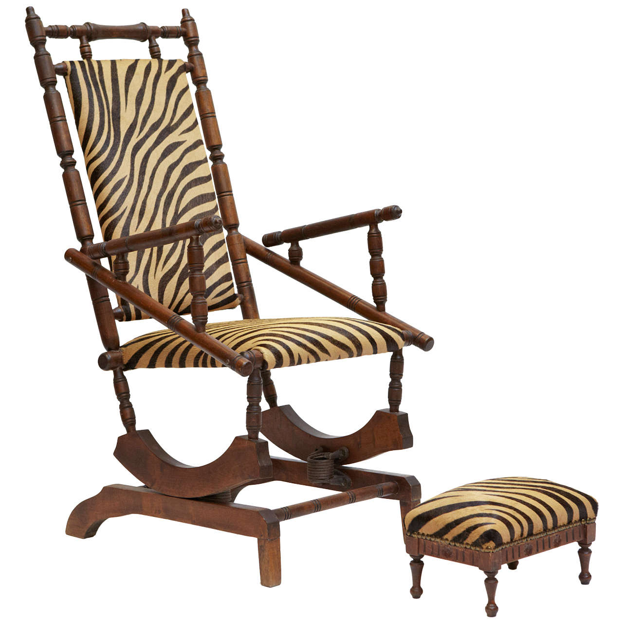 19th Century Napoleon III French Wood and Fabric Rocking Chair with Footstool For Sale
