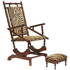 19th Century Napoleon III French Wood and Fabric Rocking Chair with Footstool
