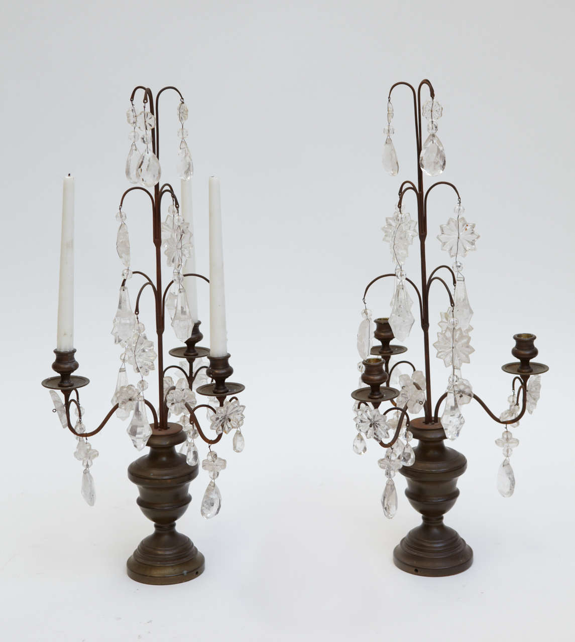 Pair of Brass and Rock Crystal Three-Light Candelabra