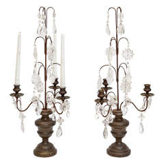 Antique Pair of Brass and Rock Crystal Three-Light Candelabra