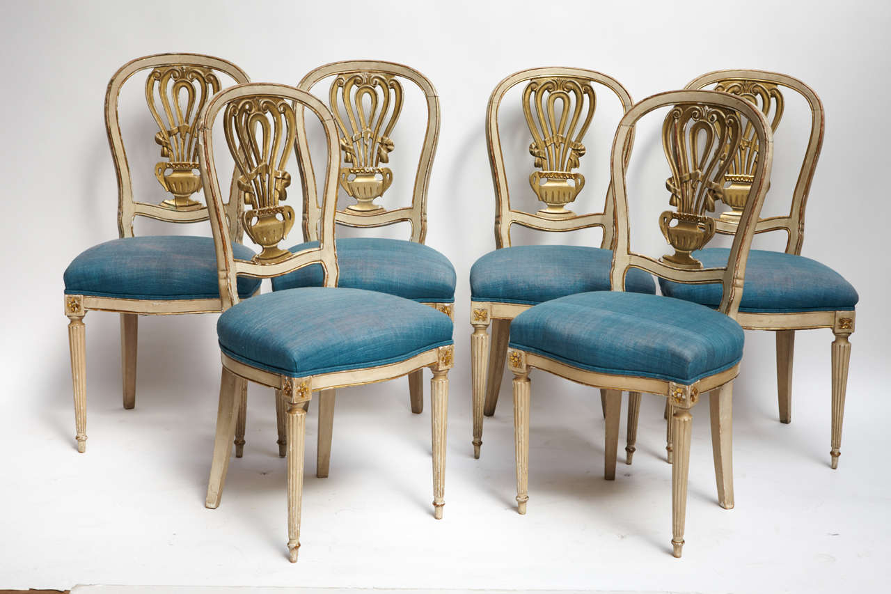 Light Blue Fabric and Lacquered White Wood and Gold Dining Chairs, 1940s