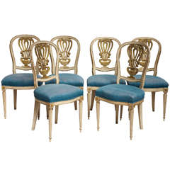 Light Blue Fabric and Lacquered White Wood and Gold Dining Chairs, 1940s