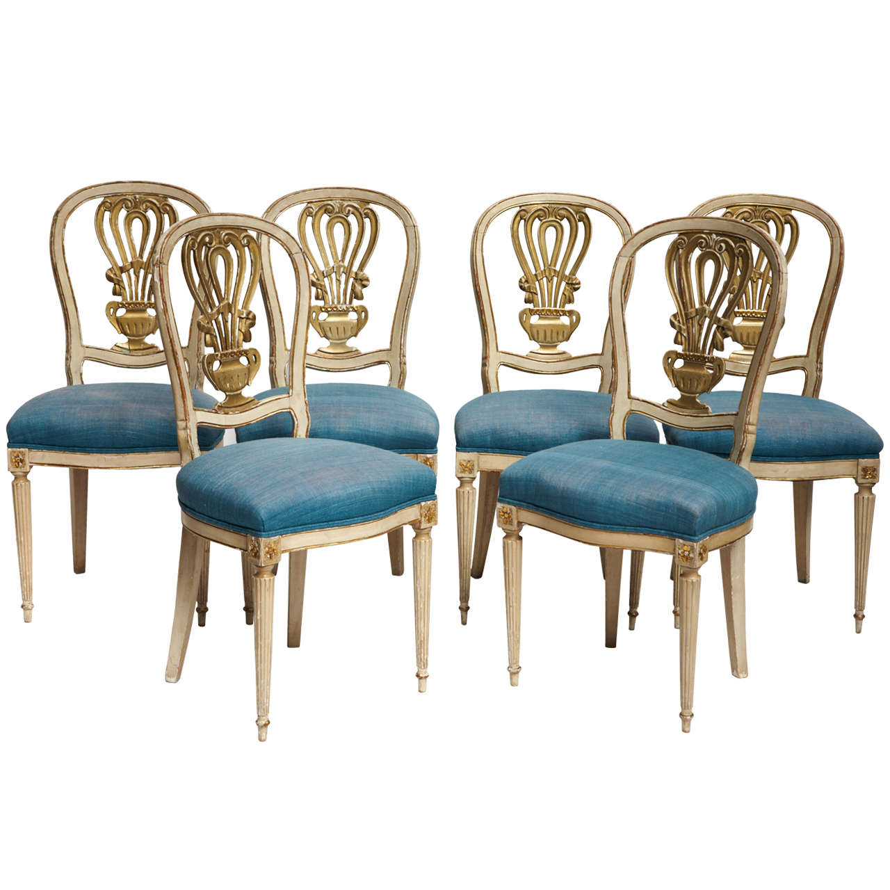 Light Blue Fabric and Lacquered White Wood and Gold Dining Chairs