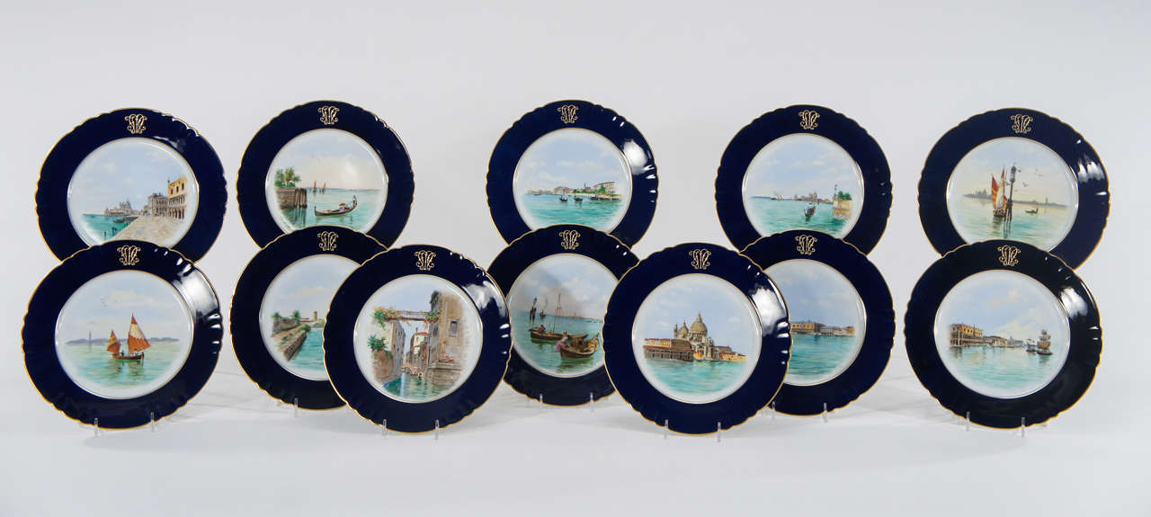 Signed Salviati, this set of 12 dessert plates are the perfect accompaniment to a Venetian inspired dinner. Each plate depicts iconic scenes of Venice including the Piazza San Marco, Views of the Canals, sailboats on the water, San Giorgio Maggiore,