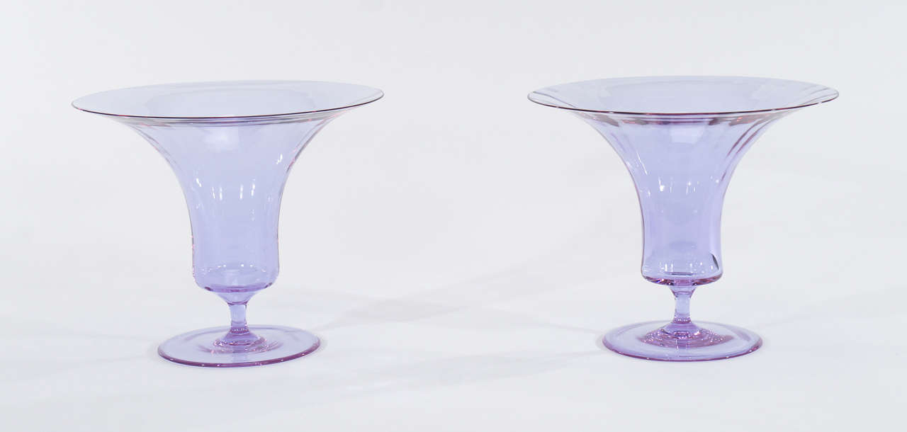 Another beautiful example from my Moser "Alexandrite" collection. These two hand blown vases are large enough to be centerpieces on a dining room table or perfect garnitures/vases on a mantle. The clean lines evoke a modern aesthetic and