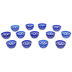 Set of 12 Val Saint Lambert Cobalt Cut to Clear Crystal Bowls