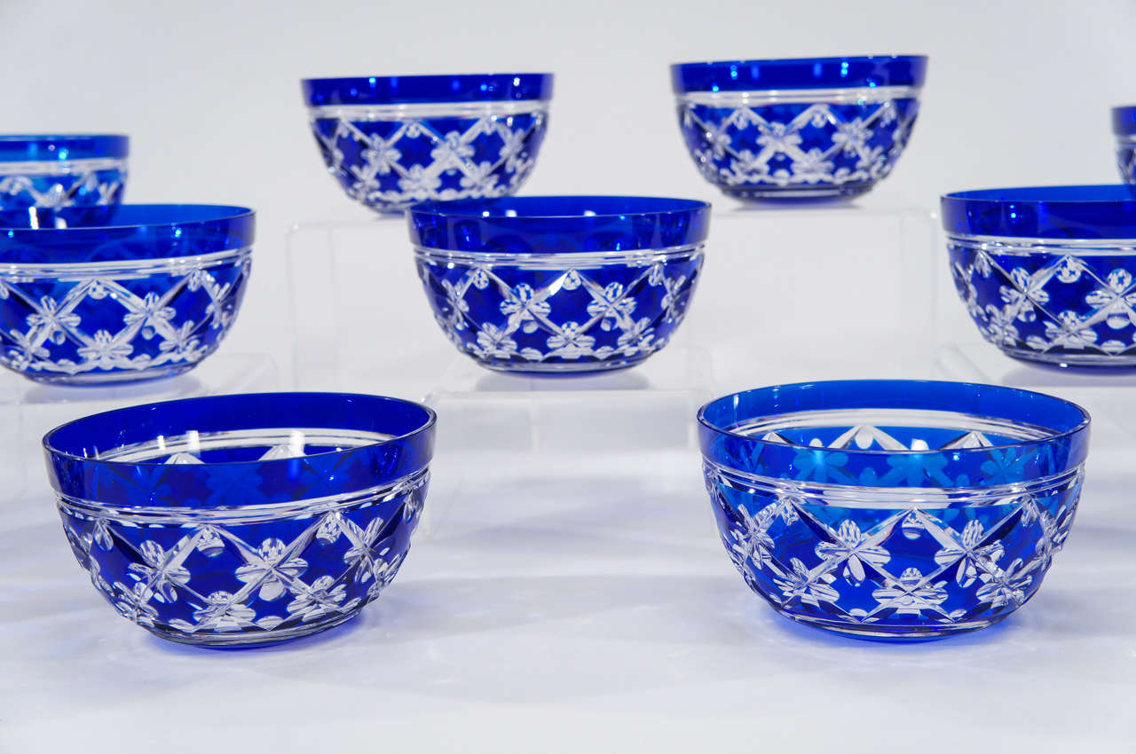 Belgian Set of 12 Val Saint Lambert Cobalt Cut to Clear Crystal Bowls