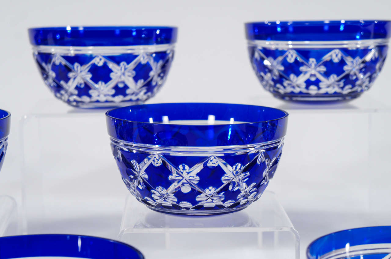 Polished Set of 12 Val Saint Lambert Cobalt Cut to Clear Crystal Bowls