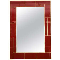 Large Rectangular Mirror, Red Frame with Brass Fillets