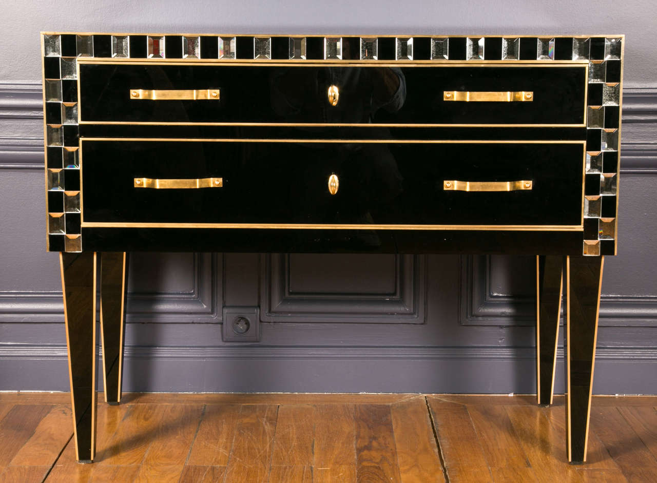 Modern  Commode in Brass and Black Mirror