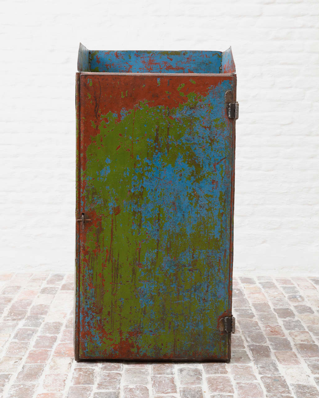 Mid-Century Modern Iron Cabinet in Distressed Paint For Sale