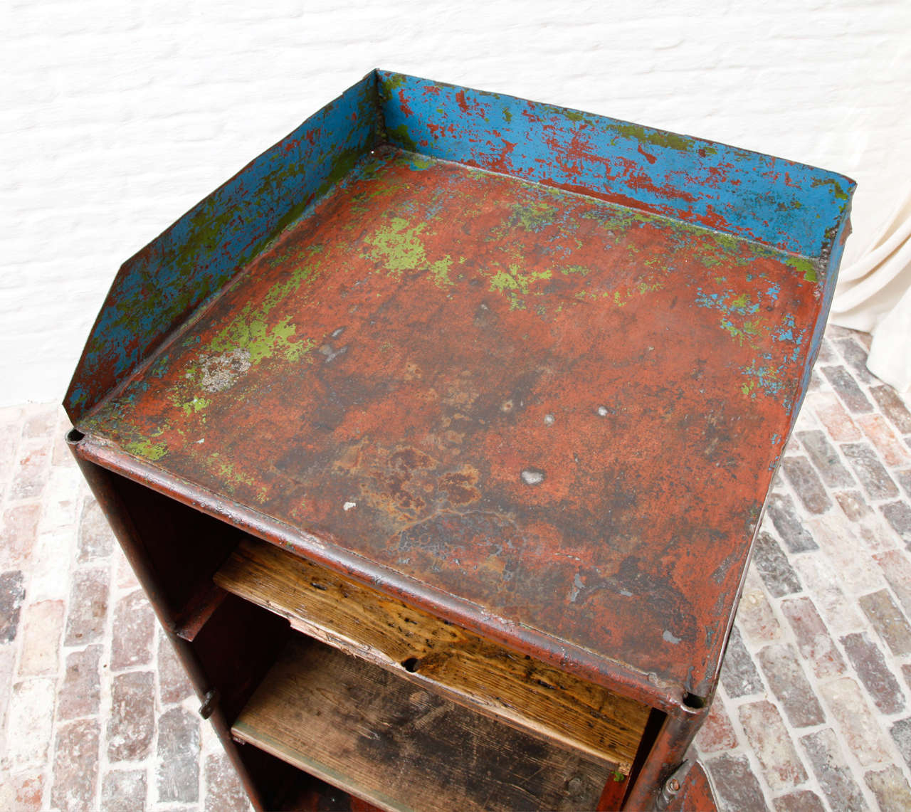 Mid-20th Century Iron Cabinet in Distressed Paint For Sale