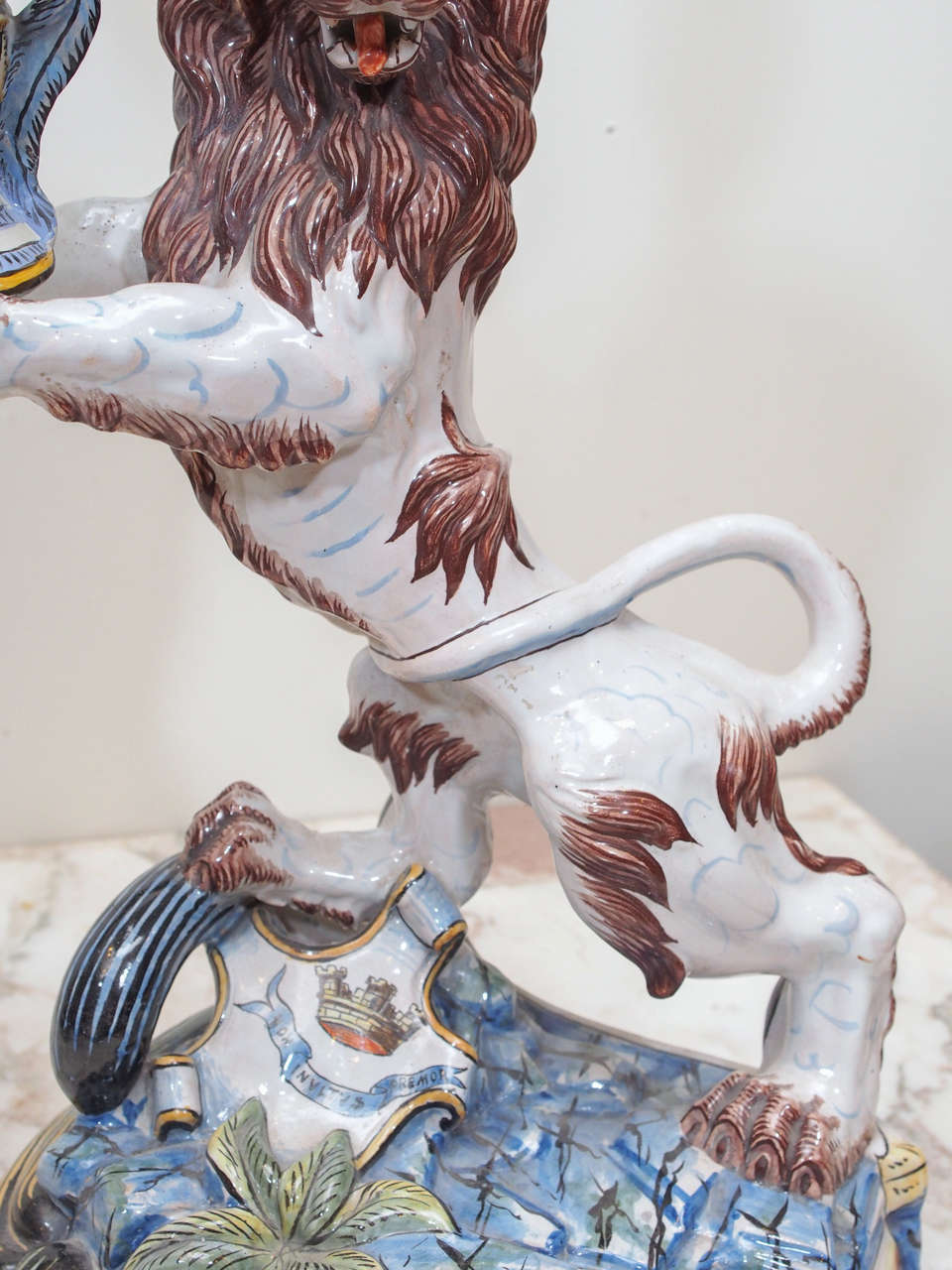 St. Clement Faience Lions with Iron Candle Arms In Good Condition For Sale In Natchez, MS
