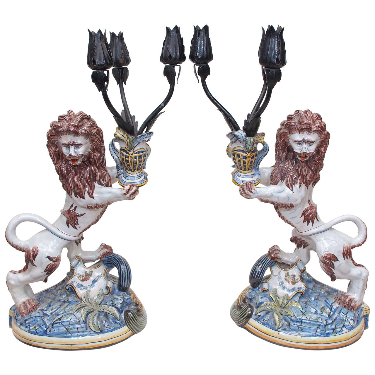 St. Clement Faience Lions with Iron Candle Arms For Sale