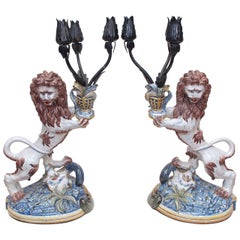 St. Clement Faience Lions with Iron Candle Arms