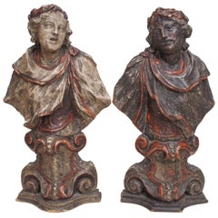 Pair of 17th Century Baroque Busts of Carved Wood and Silver Gilt