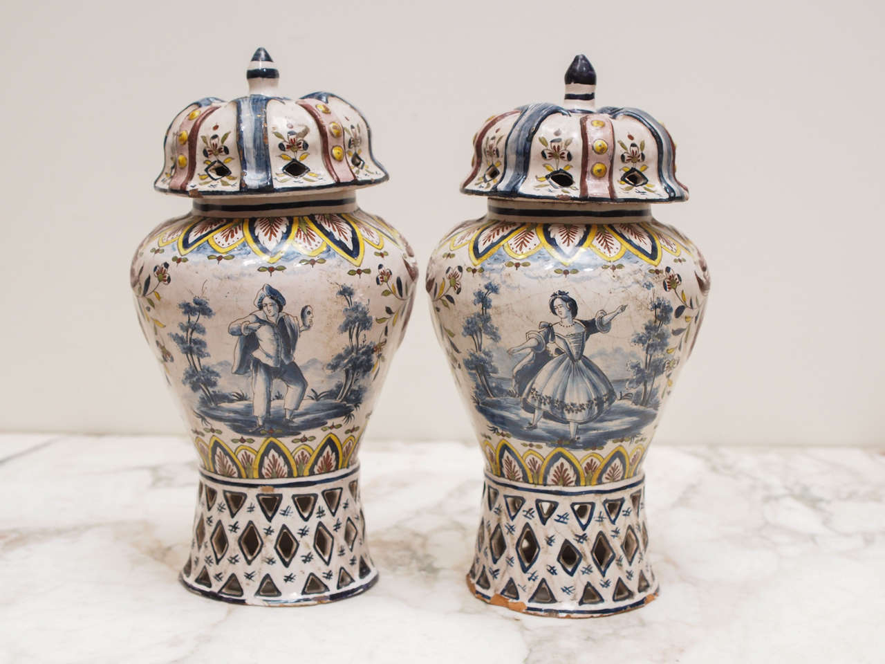 Pair of 18th Century Polychrome Delft Pierced Covered Jars