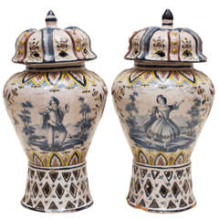 Antique Pair of 18th Century Polychrome Delft Pierced Covered Jars