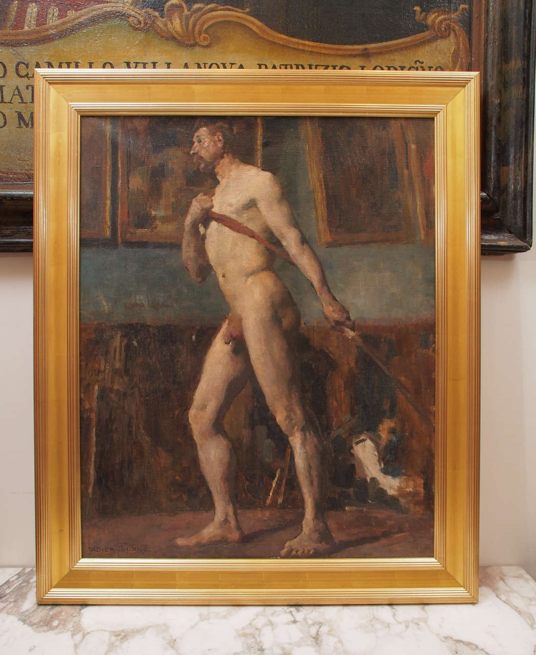 Pair of French oil on canvas academy paintings of male nudes by Benizit listed artist Jean Didier-Tourne B. 1882.
These probably were done while he was at the academy de Beaux Arts around,
circa 1900.
The frames are contemporary.
The approximate