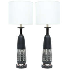 Vintage Pair of 1950's Italian Matte Black & White Ceramic Lamps